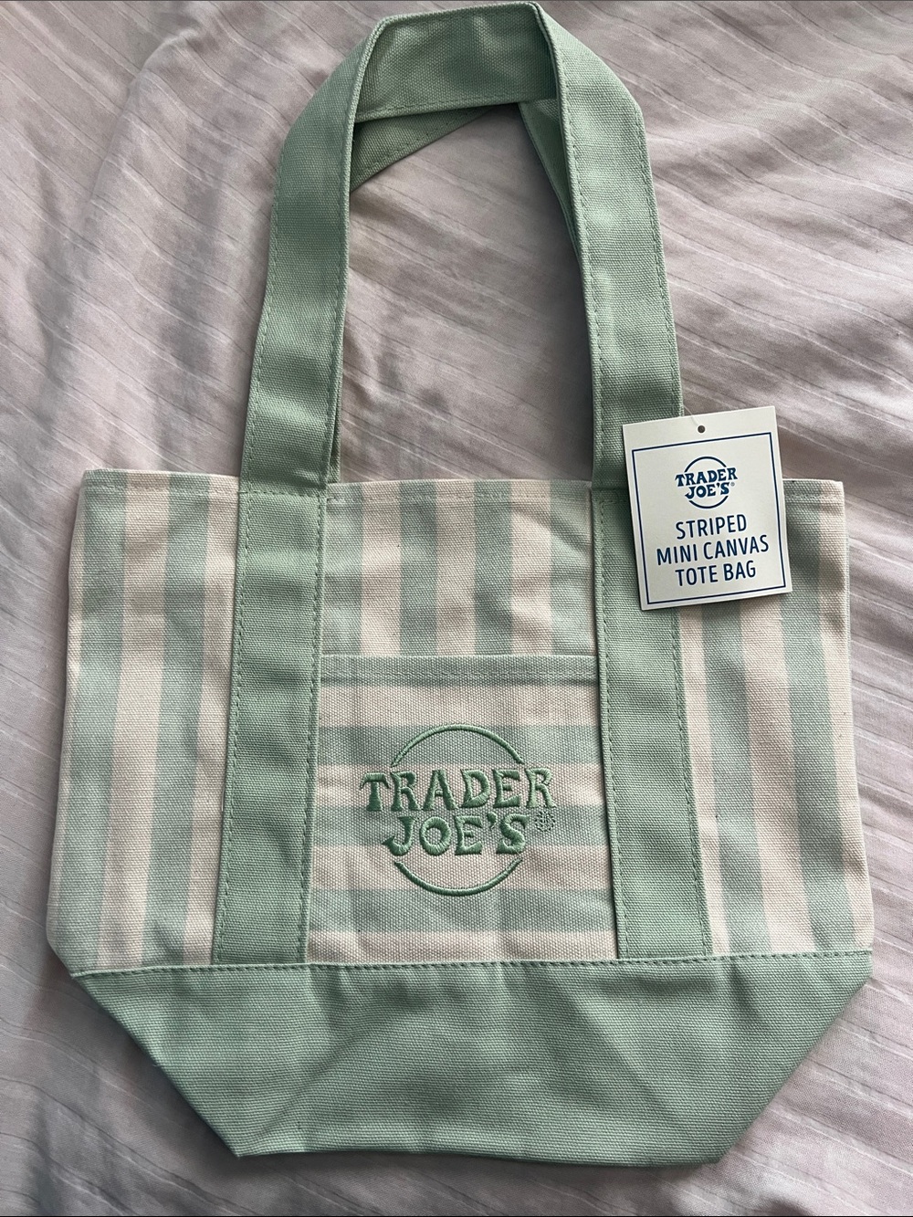 Mint Green Striped Canvas Tote Bag